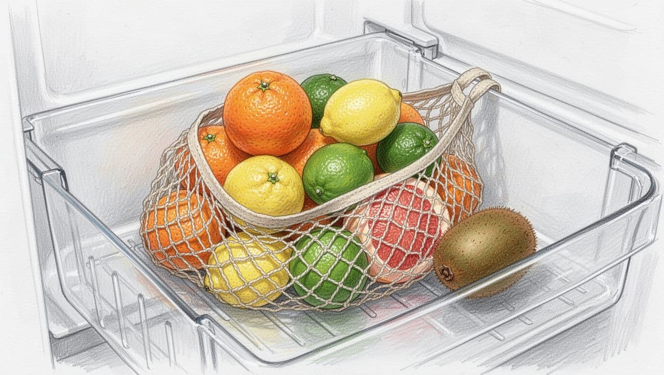 Hand-drawn graphite sketch of oranges, lemons, limes, grapefruit in a mesh bag inside fridge crisper drawer with one kiwi nearby, showing proper ventilated storage.