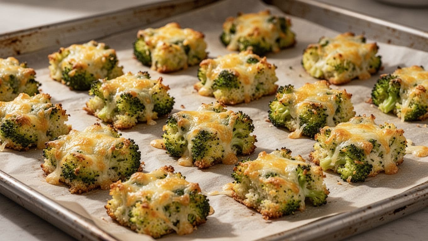 Golden cheesy broccoli tots on a parchment-lined baking sheet, featuring crispy edges in a close-up under soft kitchen lighting. Photorealistic image of multiple baked tots ready to eat as a kid-friendly crunchy snack.