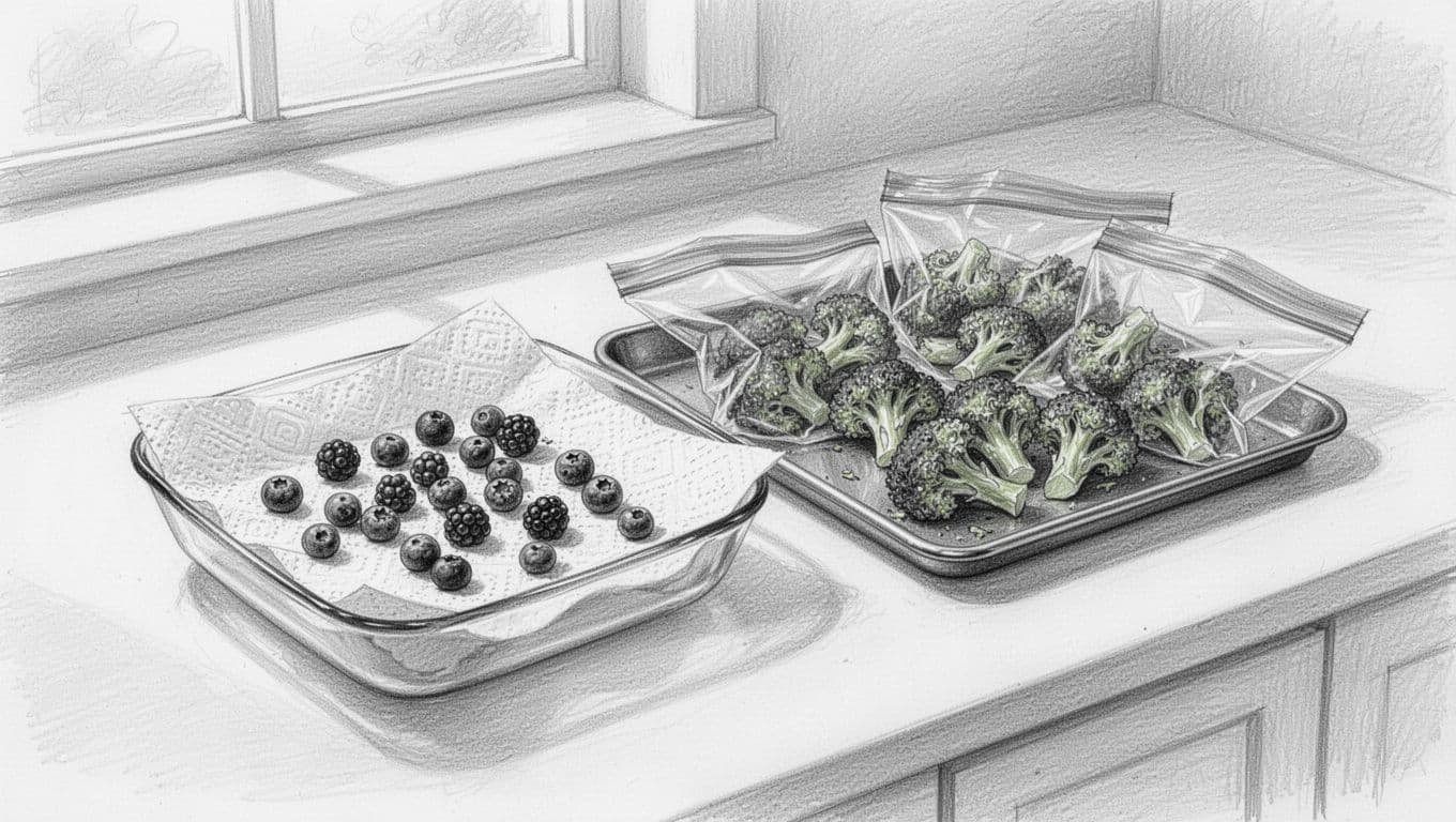 Graphite linework sketch on white paper depicting berries on paper towel in a single-layer container for the freezer, blanched broccoli pieces on a tray for flash freezing, sealed bags ready, and simple kitchen counter setup with exactly two trays, no people or text.