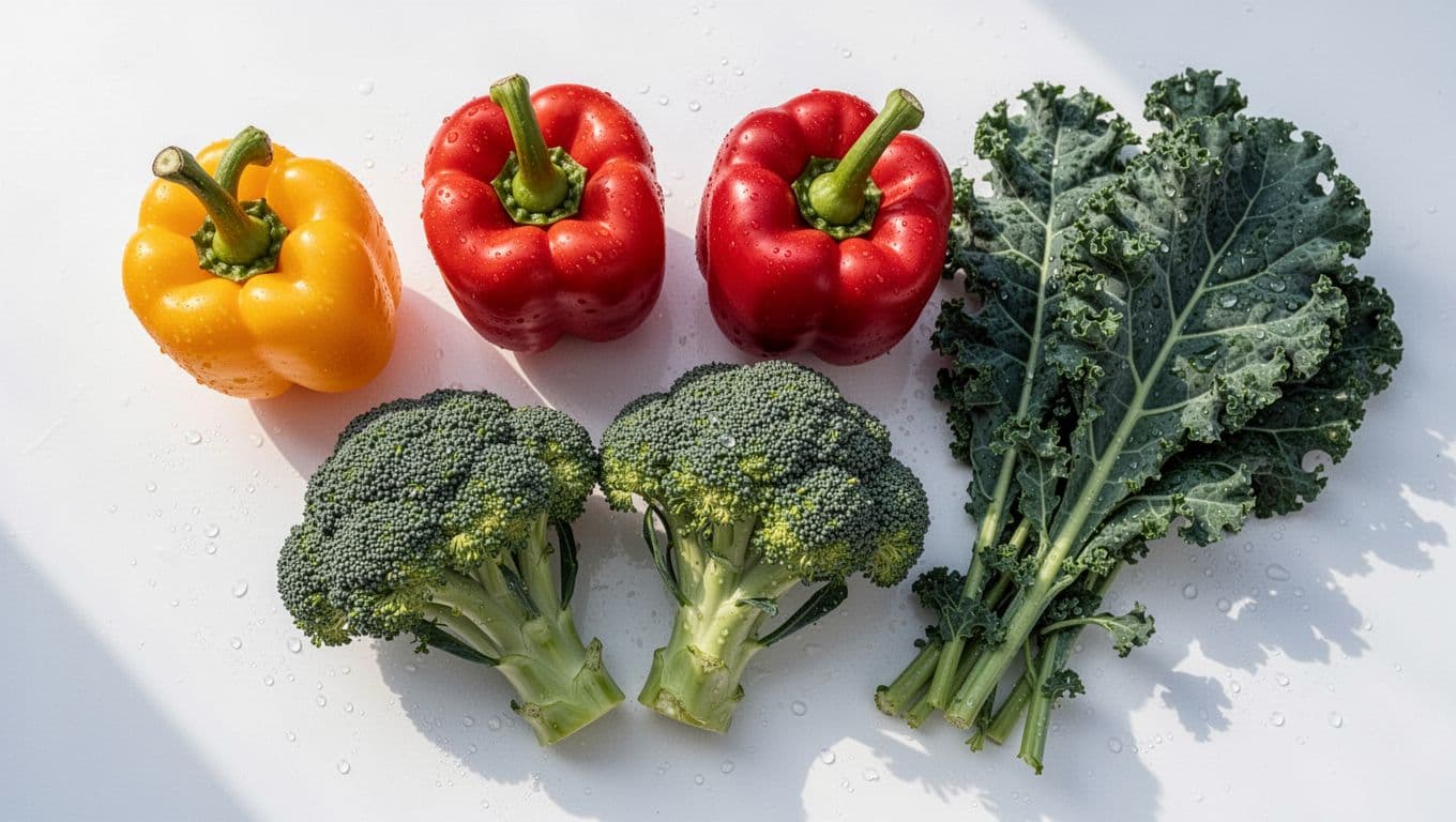 Crisp yellow and red bell peppers, broccoli, and kale arranged vibrantly on a white background with dew drops under natural light, top-down photorealistic view.