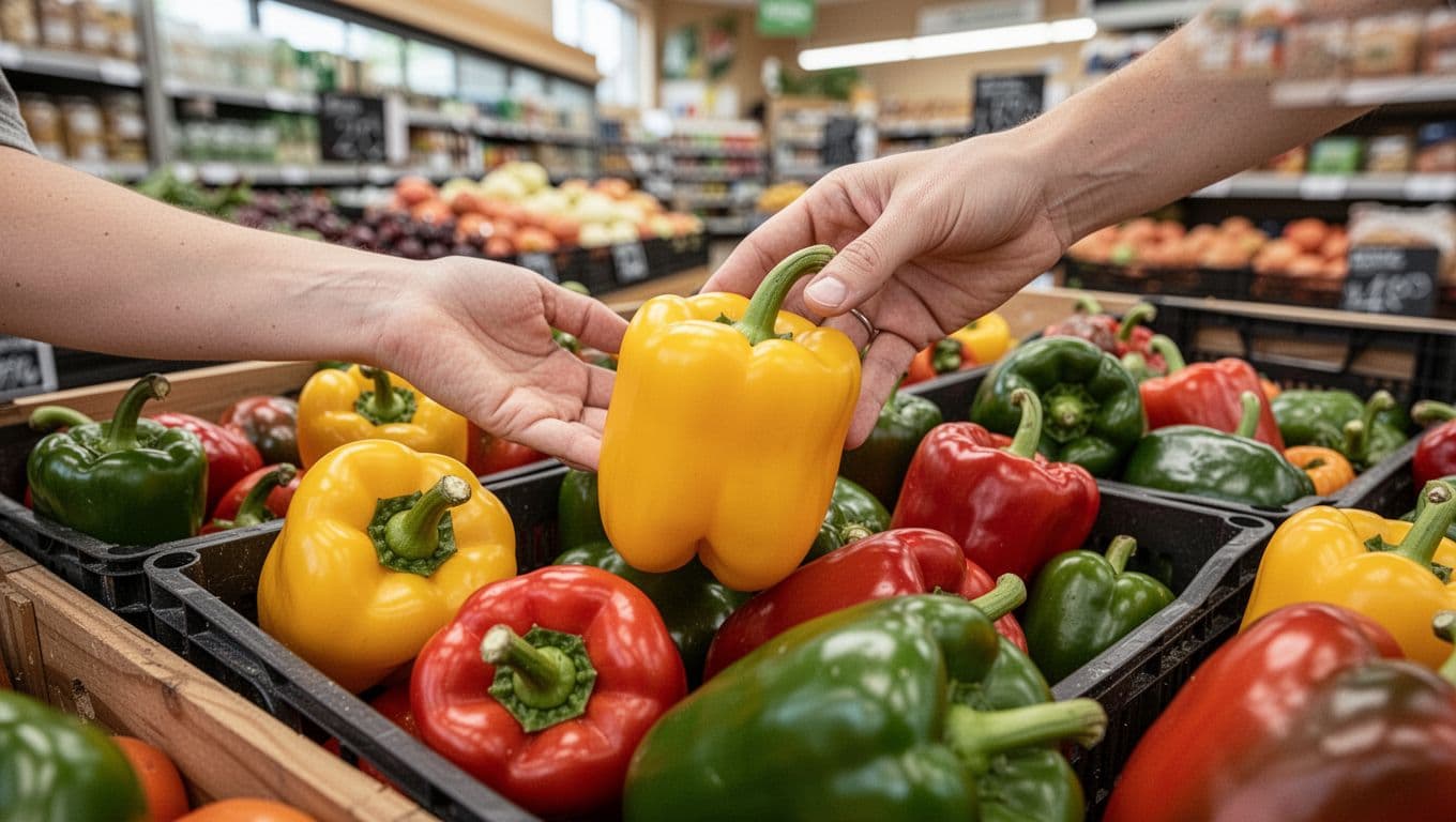 A person's hand gently selects a firm yellow pepper from a colorful produce bin in a brightly lit grocery store, showcasing crisp textures in a photorealistic side-angle view.