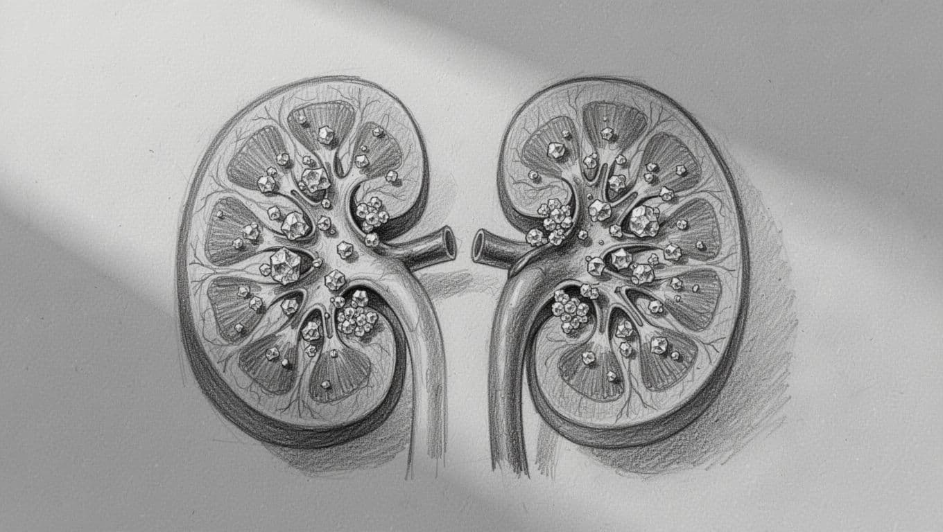 Close-up hand-drawn sketch of two human kidneys side by side, showing small oxalate stones and crystals accumulating inside the anatomy. Graphite linework with light shading on a clean light gray paper background.