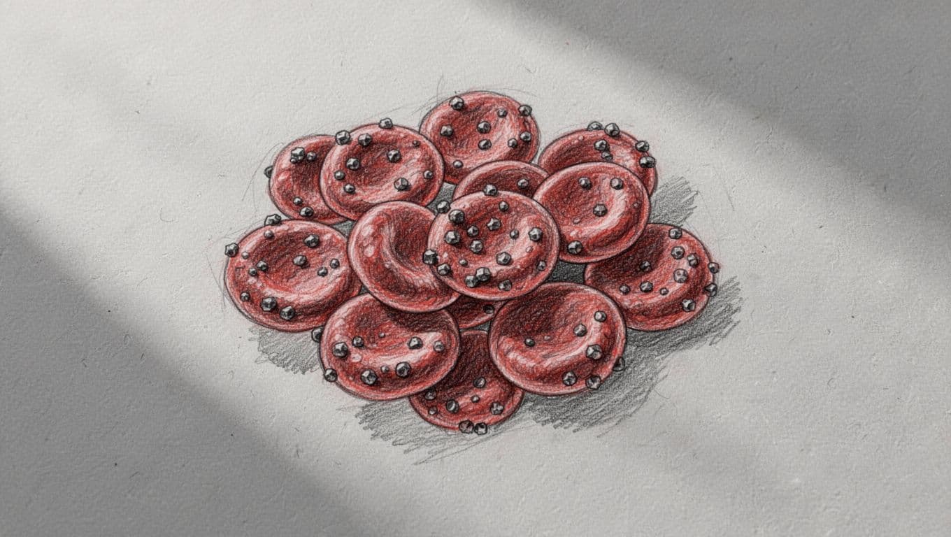 Simple medical diagram depicting red blood cells burdened by excess iron particles illustrating hemochromatosis effects. Hand-drawn graphite sketch with light shading on clean light gray background, centered cluster of cells.