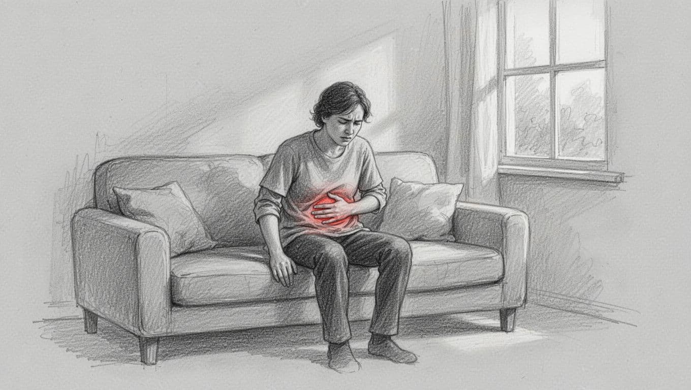 Hand-drawn graphite sketch of a single person sitting relaxed on a couch in a simple living room, clutching their stomach with one hand in mild discomfort, light shading on clean light gray paper background.