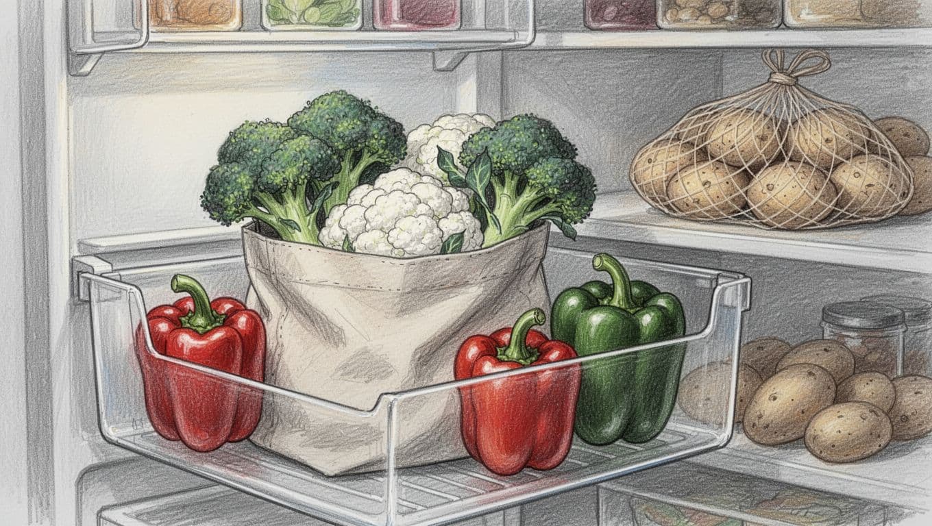 Hand-drawn graphite sketch depicting broccoli and cauliflower in a fridge drawer bag, whole bell peppers nearby, and potatoes in a mesh bag on a pantry shelf, highlighting separated storage to preserve vitamin C, no fruits or people present.