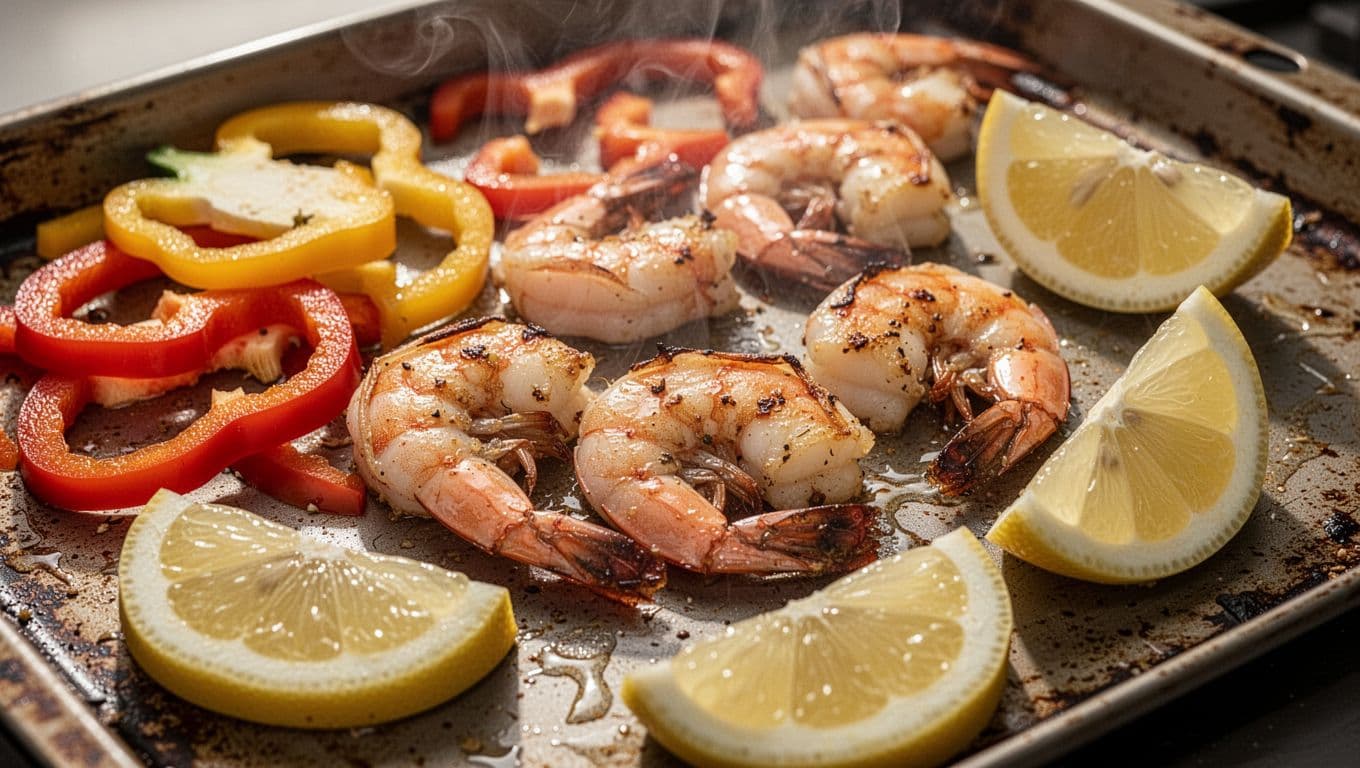 Roasted shrimp and colorful sliced bell peppers with lemon wedges on a baking sheet fresh from the oven, steam rising slightly in a close-up top view with warm lighting.
