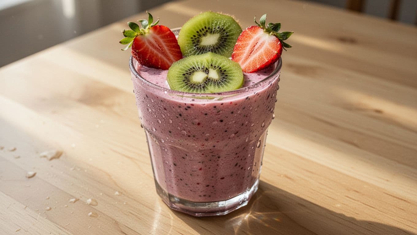 Strawberry kiwi smoothie in a clear glass with fresh strawberries and kiwi slices on top, condensation on the glass, on a light wooden surface with soft morning light.
