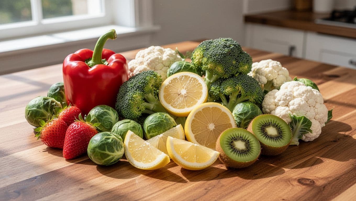 Close-up of a colorful pile of fresh vitamin C-rich foods like red bell peppers, strawberries, broccoli florets, Brussels sprouts, lemons, kiwi fruits, and cauliflower on a wooden kitchen table, lit by bright natural daylight in photorealistic style.