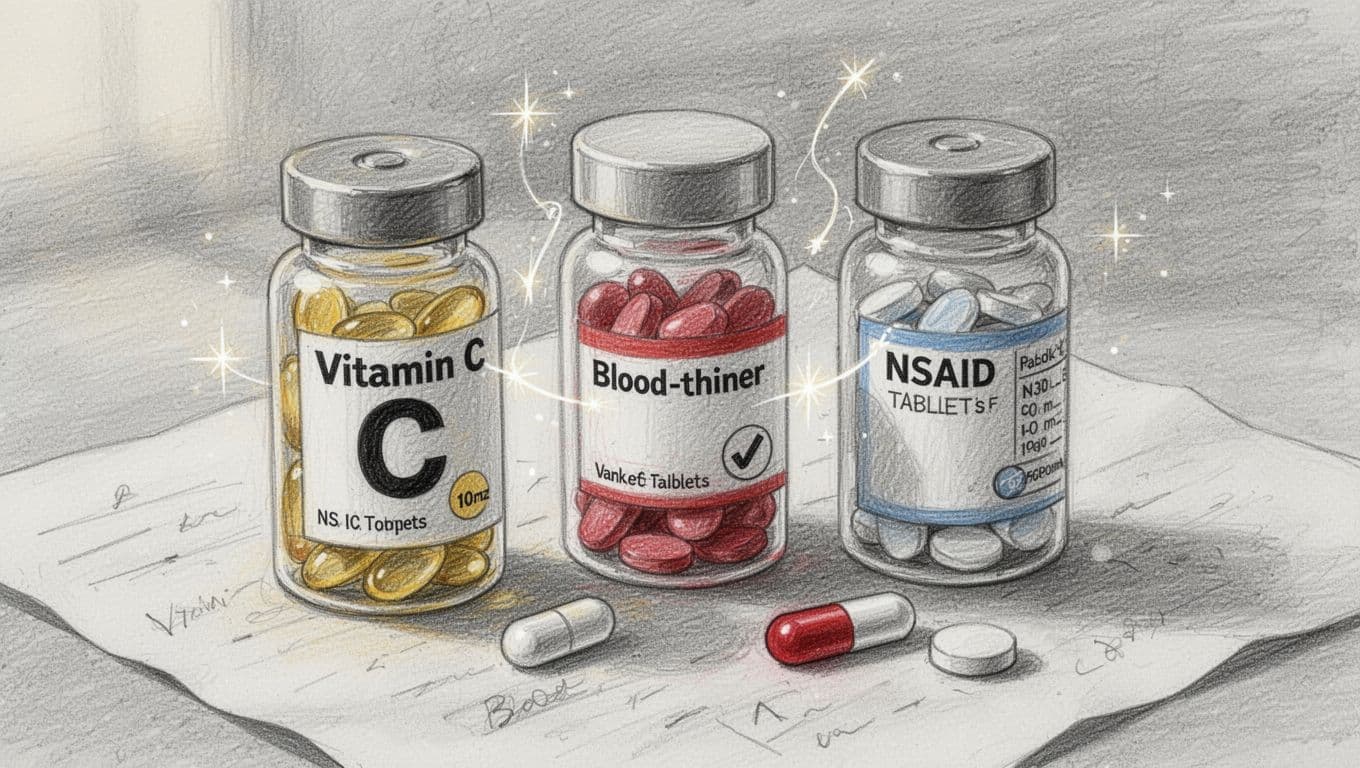 Hand-drawn sketch showing vitamin C supplements clashing with blood thinner and NSAID pills using warning sparks and clash lines on a table, in graphite linework with light shading on gray paper.