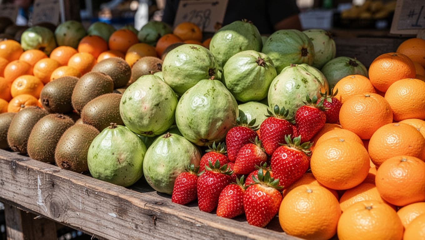 Vibrant assortment of fresh guavas, kiwis, strawberries, and oranges on a wooden market stall, captured in bright natural daylight with a close-up composition emphasizing textures and colors in photorealistic style.