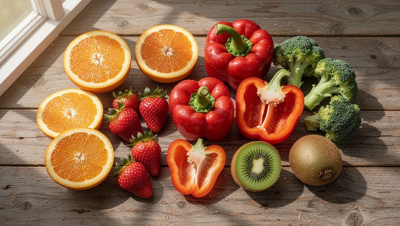 Top-down photorealistic view of sliced oranges, strawberries, red bell peppers, broccoli florets, and kiwi fruits on a rustic wooden table, with water droplets emphasizing freshness and vibrant colors under natural daylight.