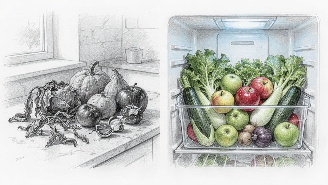 Hand-drawn graphite sketch contrasting wilting fruits and vegetables on a room temperature counter with fresh intact produce in a refrigerator crisper drawer.